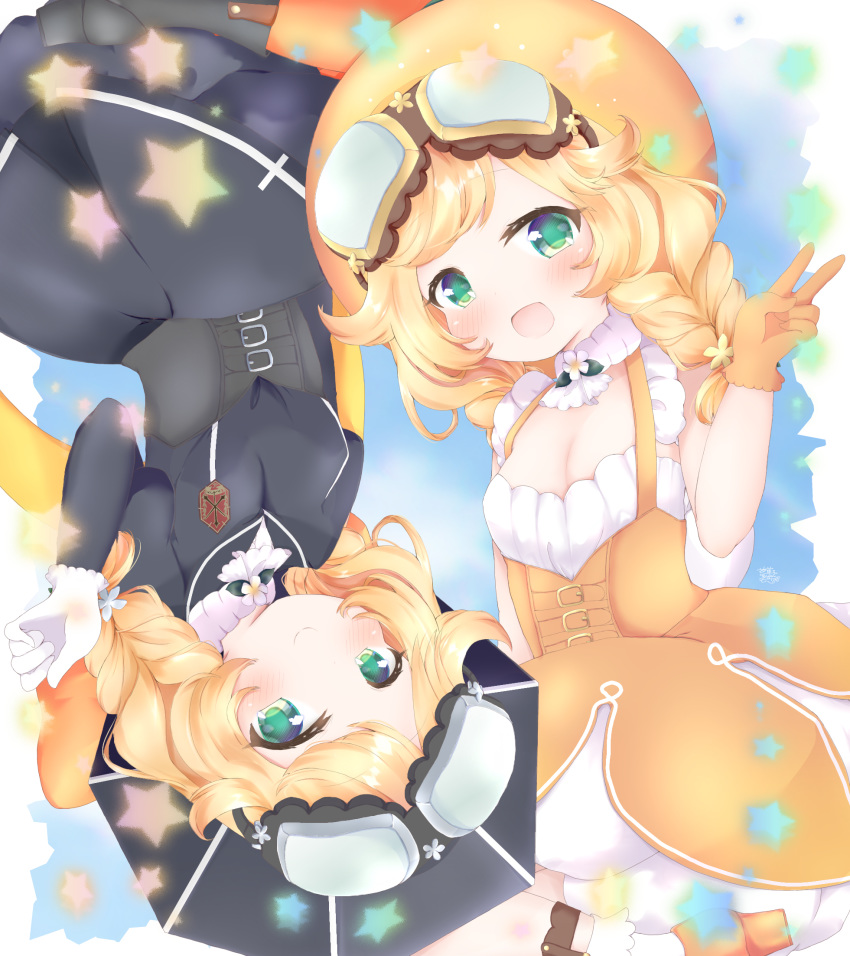 2girls :d black_dress black_headwear blonde_hair blush braid breasts cleavage dress gloves goggles goggles_on_head green_eyes gunslinger_stratos highres mofu_ricotta multiple_girls open_mouth small_breasts smile star_(symbol) v white_gloves yellow_dress yellow_gloves yellow_headwear