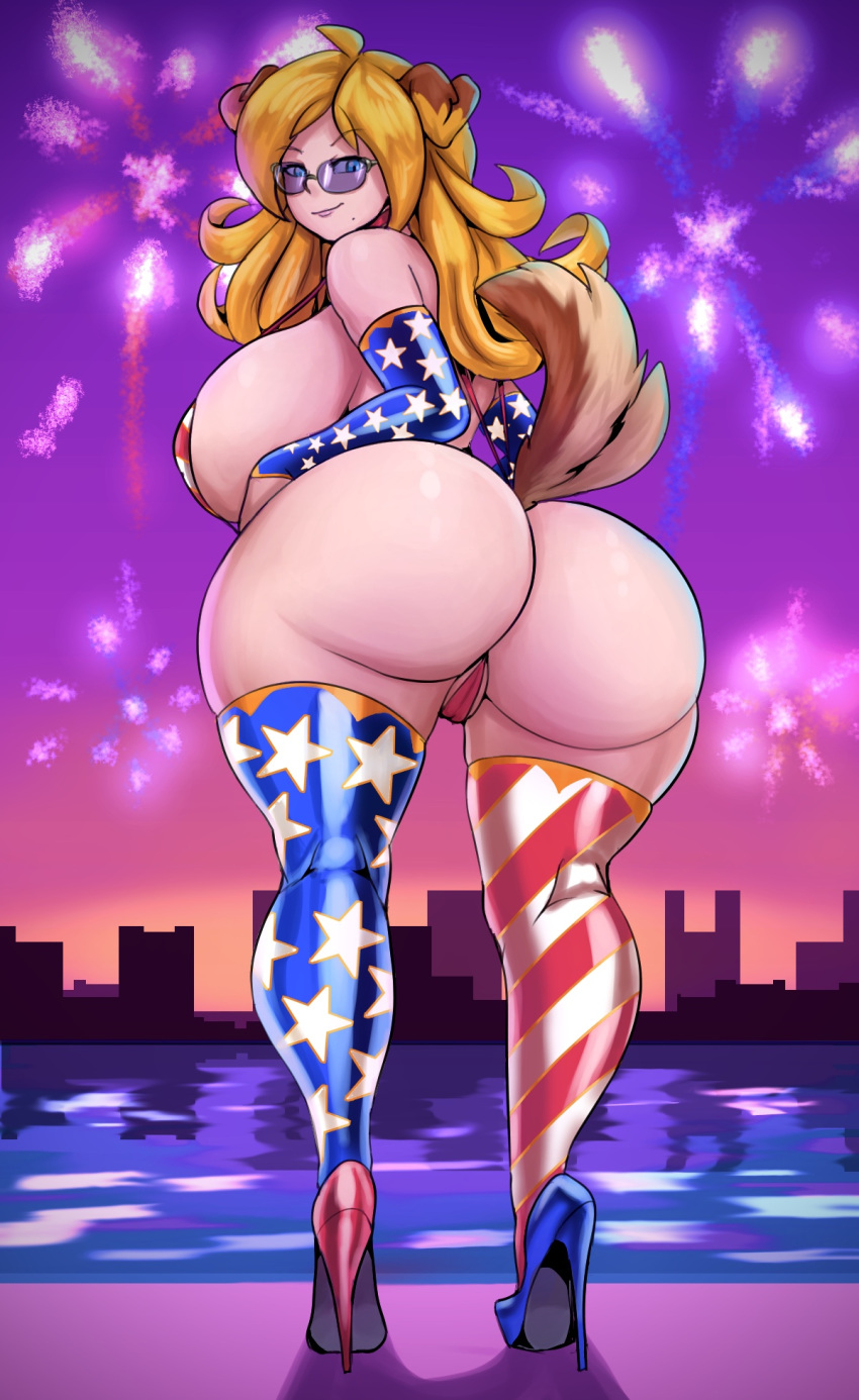 4th_of_july animal_humanoid big_breasts big_butt bikini bikini_thong breasts butt camel_toe canid canid_humanoid canine canine_humanoid clothing diana_(thecon) dog_humanoid female fireworks footwear hi_res high_heels huge_breasts huge_butt humanoid legwear looking-back mammal mammal_humanoid raised_tail shoes sling_bikini solo stars_and_stripes swimwear thecon thigh_highs united_states_of_america water