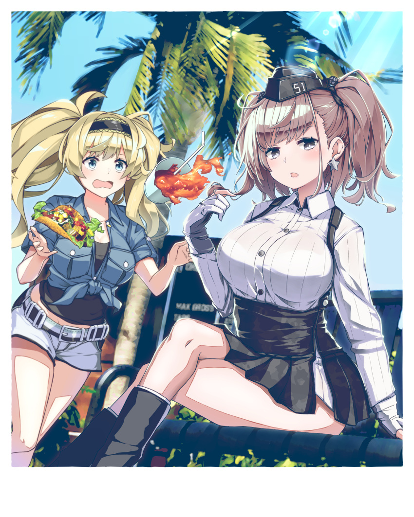 2girls atlanta_(kantai_collection) black_headwear black_skirt blonde_hair blue_eyes blue_shirt blush breast_pocket breasts brown_hair buttons day drink drinking_straw earrings food gambier_bay_(kantai_collection) garrison_cap gloves grey_eyes hat high-waist_skirt highres jewelry kantai_collection large_breasts long_hair long_sleeves multicolored multicolored_clothes multicolored_gloves multiple_girls open_mouth palm_tree partly_fingerless_gloves pleated_skirt pocket shirt short_sleeves shorts skirt star_(symbol) star_earrings suspender_skirt suspenders taco tree tsurukawasha twintails two_side_up white_shirt white_shorts