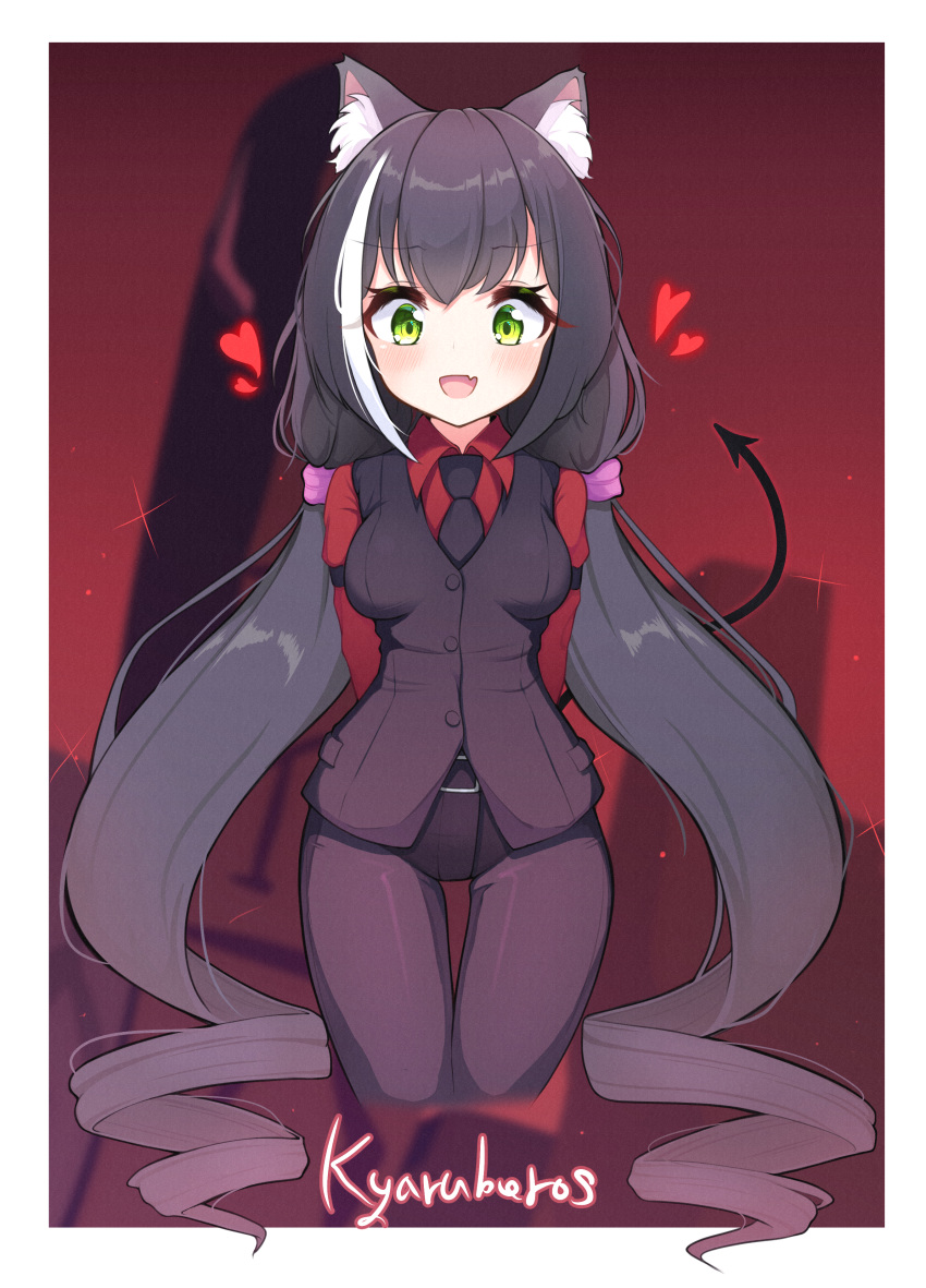 &lt;3 absurd_res animal_humanoid black_body black_fur black_hair border breasts cat_humanoid clothing crossover felid felid_humanoid feline feline_humanoid female fur green_eyes hair helltaker hi_res humanoid kyaru_(princess_connect) long_hair mammal mammal_humanoid medium_breasts princess_connect! princess_connect!_re:dive simple_background solo spade_tail white_border zangi_(lkt2012)