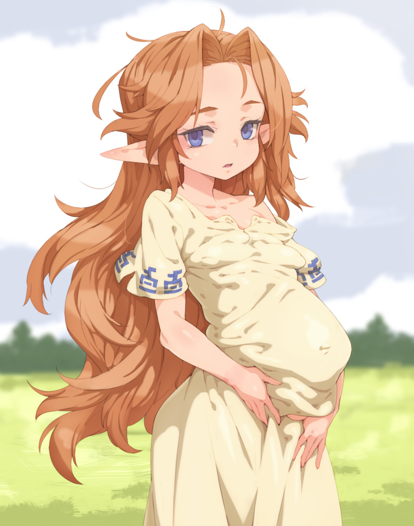 1girl blue_eyes brown_hair dress grass highres long_hair looking_at_viewer off-shoulder_dress off_shoulder outdoors pointy_ears pregnant romani_(zelda) short_sleeves solo tenako_(mugu77) the_legend_of_zelda the_legend_of_zelda:_majora's_mask yellow_dress