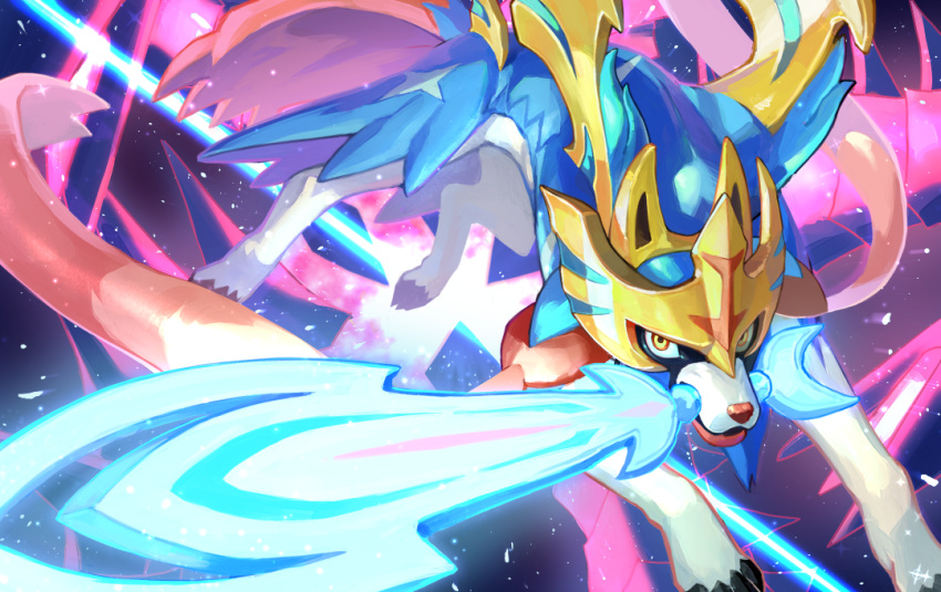 2020 abstract_background ambiguous_gender anamorphic_lens_flare black_claws blue_body canid canine claws crowned_sword_zacian digitigrade feral full-length_portrait glowing_sword legendary_pok&eacute;mon light lighting looking_at_viewer mammal melee_weapon metal_wings multicolored_eyes nintendo object_in_mouth pok&eacute;mon pok&eacute;mon_(species) portrait red_nose snout solo sword sword_in_mouth tapioca video_games weapon yellow_eyes zacian