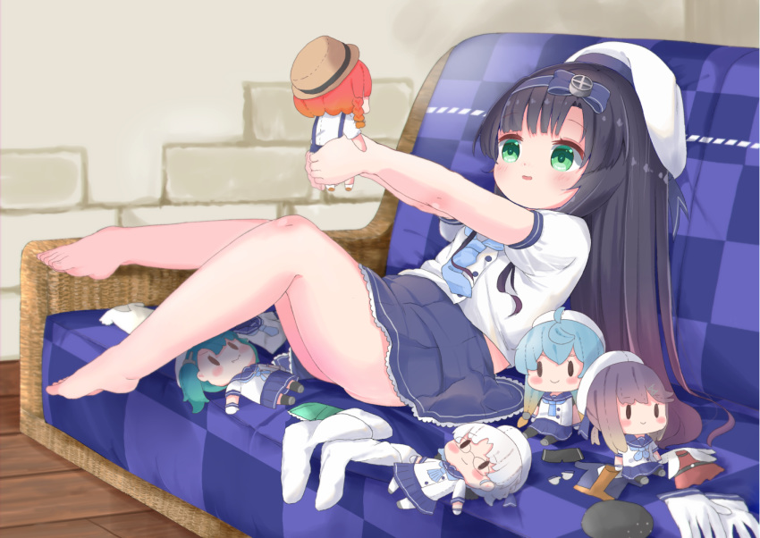 1girl bangs barefoot beret black_hair blue_bow blue_neckwear blue_skirt blush bow brick_wall character_doll checkered commentary_request couch doll etorofu_(kantai_collection) eyebrows_visible_through_hair fukae_(kantai_collection) gloves gloves_removed green_eyes hair_bow hat hirato_(kantai_collection) holding holding_doll kantai_collection long_hair looking_away matsuwa_(kantai_collection) mugichoko_(mugi_no_choko) neckerchief on_couch outstretched_arms parted_lips pleated_skirt puffy_short_sleeves puffy_sleeves sado_(kantai_collection) shirt short_sleeves skirt smile socks socks_removed solo tsushima_(kantai_collection) very_long_hair white_gloves white_headwear white_legwear white_shirt wooden_floor