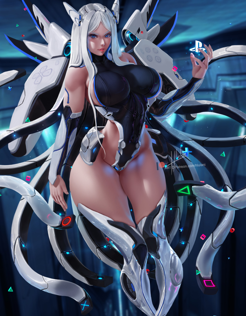 1girl artist_name bare_shoulders black_leotard blue_eyes breasts detached_sleeves floating headgear highres hlulani large_breasts leotard long_hair mecha_musume mechanical_wings playstation_5 sideboob skin_tight sony tentacles white_hair wings