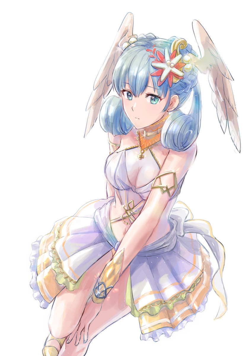 1girl bare_shoulders blue_eyes breasts cleavage cowboy_shot flower fuwamoko_momen_toufu hair_flower hair_ornament head_wings highres medium_breasts melia navel silver_hair simple_background solo swimsuit white_background white_swimsuit xenoblade_(series) xenoblade_1