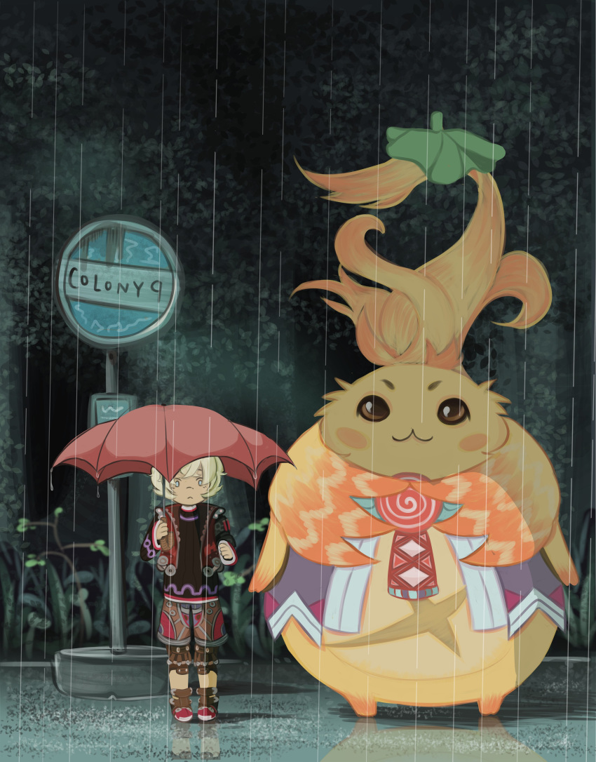 2boys absurdres alternate_size blonde_hair bus_stop highres holding holding_umbrella multiple_boys nopon outdoors parody poppajozza rain red_umbrella riki_(xenoblade) shulk sign size_difference standing tonari_no_totoro totoro_bus_stop umbrella xenoblade_(series) xenoblade_1