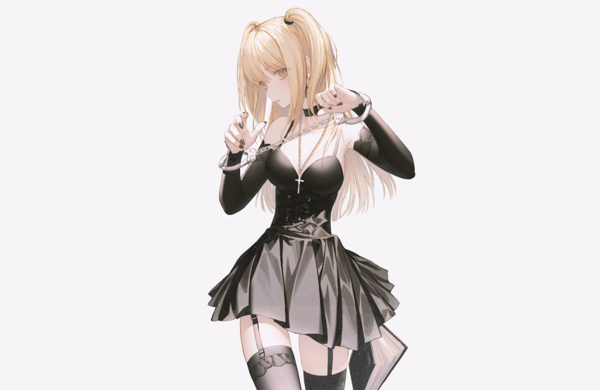 amane_misa blonde_hair book brown_eyes chain choker corset cross death_note garter_belt gothic gray long_hair necklace shackles stockings twintails wanke