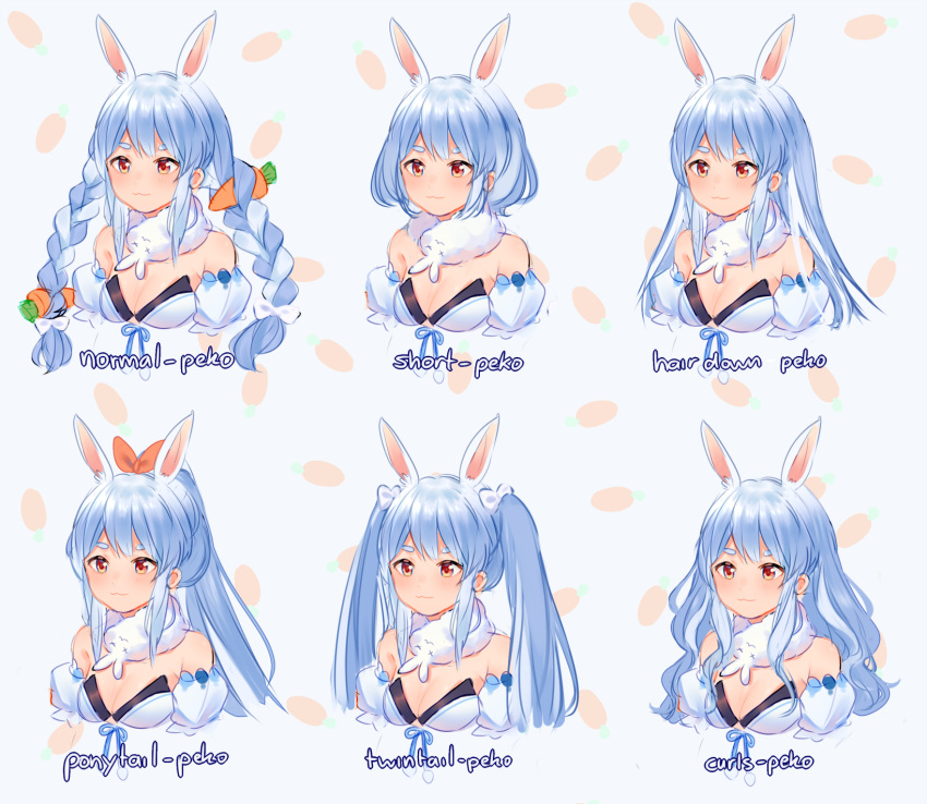 1girl :3 alternate_hair_length alternate_hairstyle animal_ears bangs banned_artist bare_shoulders blue_hair bow braid breasts bunny_ears carrot_hair_ornament chart commentary detached_sleeves english_commentary extra_ears food_themed_hair_ornament hair_bow hair_down hair_ornament hair_ribbon highres hololive llicornia long_hair medium_breasts multicolored_hair orange_eyes ponytail red_ribbon ribbon short_hair simple_background smile twin_braids twintails two-tone_hair usada_pekora virtual_youtuber wavy_hair white_bow white_hair