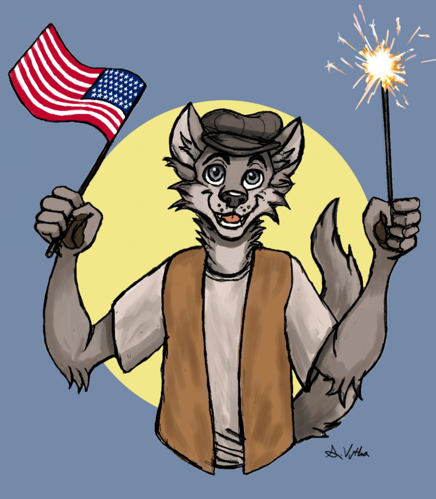4th_of_july anthro black_nose blue_background canid canine canis cheerful clothing cute_fangs digital_drawing_(artwork) digital_media_(artwork) fantasy fur grey_body grey_fur grey_tail hands_in_air hat headgear headwear hi_res historical looking_at_viewer male mammal moon newsboy_cap patriotism pawpads paws politics shirt simple_background slim smile solo sparkler stars_and_stripes thelivingshadow topwear tuft tufted_ears united_states_of_america vest vintage waist_up white_clothing white_shirt white_topwear wolf wolf_tail young