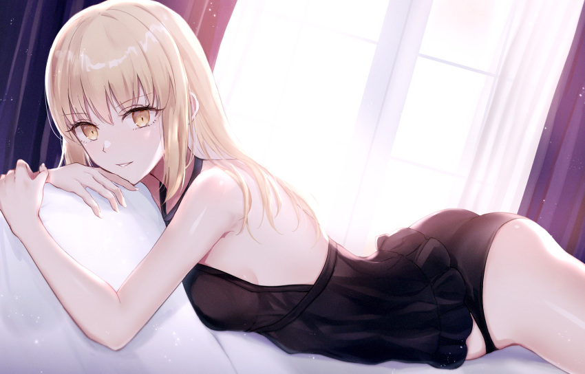 1girl artoria_pendragon_(all) ass backlighting bangs bare_shoulders black_camisole black_panties blonde_hair blush breasts collarbone fate/stay_night fate_(series) highres long_hair looking_at_viewer lying meltymaple on_bed on_stomach pale_skin panties saber_alter small_breasts underwear window yellow_eyes