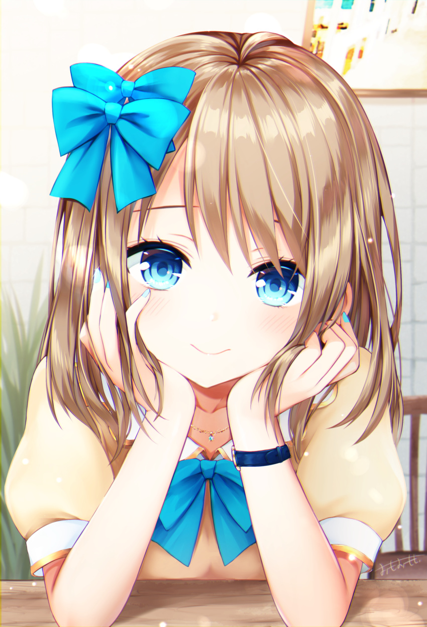 1girl arm_support bangs blue_bow blue_eyes blue_nails blue_neckwear blurry blurry_background blush bow brown_hair chair collarbone commentary_request hair_bow hands_on_own_cheeks hands_on_own_face highres jewelry long_hair looking_at_viewer necklace omoomomo original plant short_sleeves smile solo tile_wall tiles