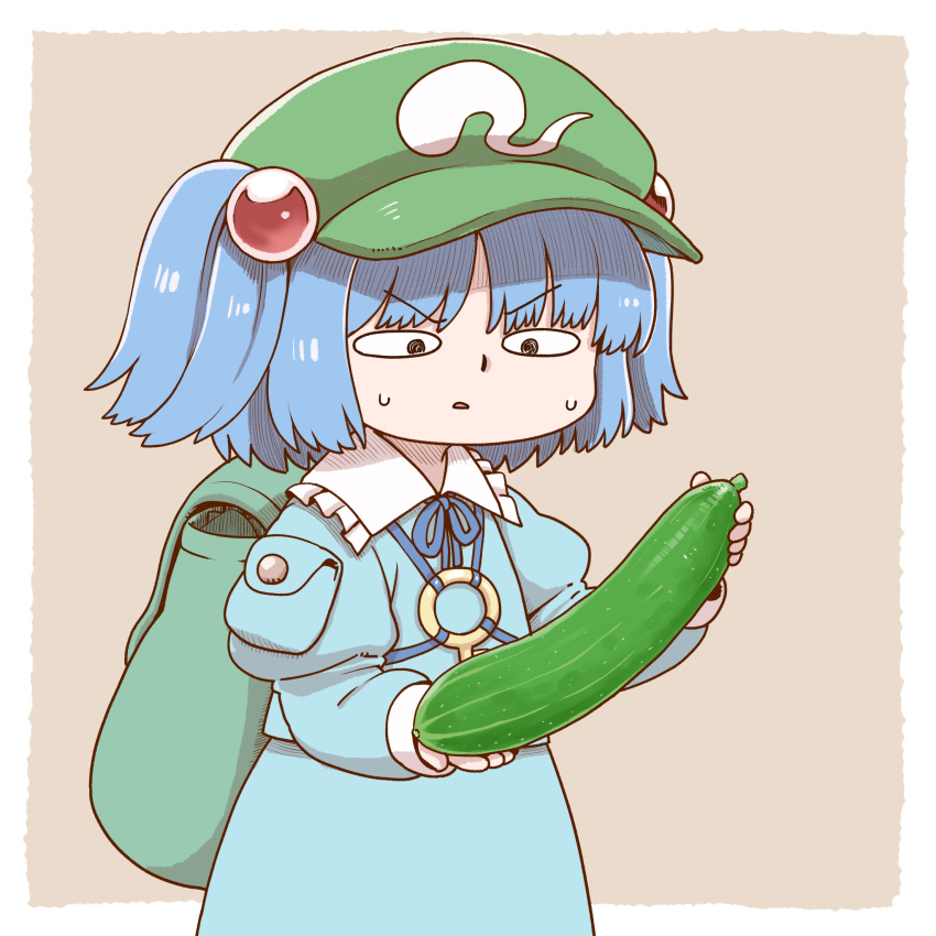 1girl @_@ backpack bag blue_dress blue_neckwear blue_ribbon border cucumber dress green_headwear grey_background hair_bobbles hair_ornament hat highres juliet_sleeves kawashiro_nitori long_sleeves neck_ribbon poronegi puffy_sleeves ribbon simple_background solo sweat sweating_profusely touhou two_side_up v-shaped_eyebrows white_border wide_face