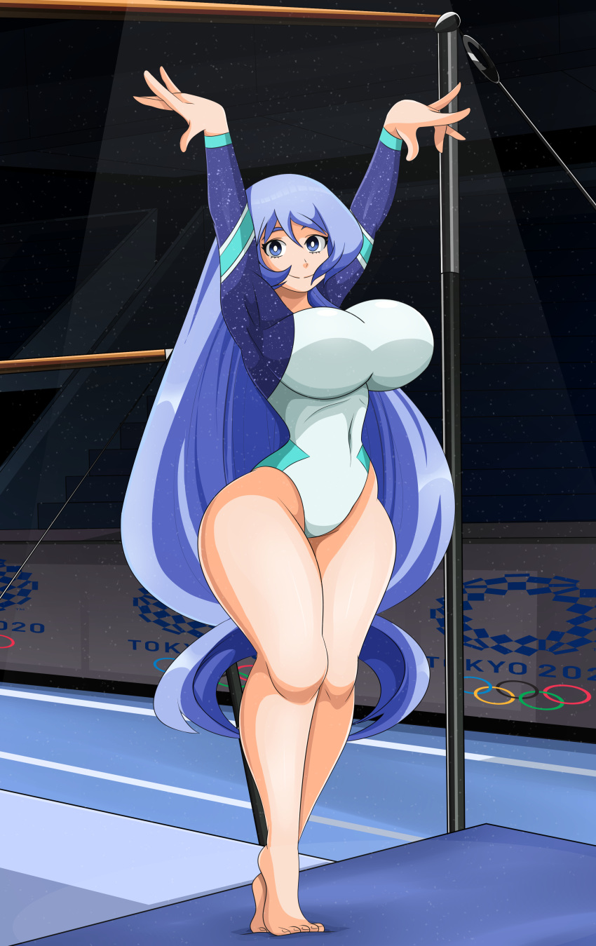 1girl absurdres bare_legs barefoot blue_eyes boku_no_hero_academia breasts curvy dust_particles gymnast_leotard gymnastics hadou_nejire highres horizontal_bar indoors large_breasts leotard light_blue_hair long_hair looking_at_viewer mat olympic_rings regeice slender_waist smile solo stairwell very_long_hair wide_sleeves