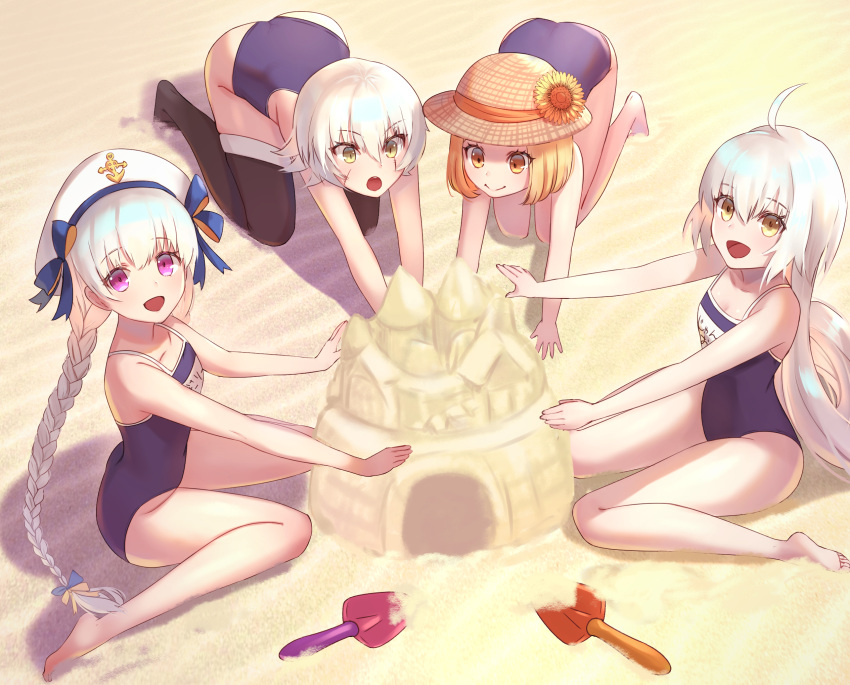 4girls bangs bare_shoulders blonde_hair blue_swimsuit blush breasts collarbone dolce_(dolsuke) facial_scar fate/apocrypha fate/extra fate/grand_order fate_(series) green_eyes highres jack_the_ripper_(fate/apocrypha) jeanne_d'arc_(fate)_(all) jeanne_d'arc_alter_santa_lily long_hair looking_at_viewer multiple_girls nursery_rhyme_(fate/extra) one-piece_swimsuit open_mouth orange_eyes paul_bunyan_(fate/grand_order) purple_eyes sand sand_castle sand_sculpture scar scar_across_eye scar_on_cheek school_swimsuit short_hair silver_hair sitting small_breasts smile swimsuit wariza white_hair yellow_eyes