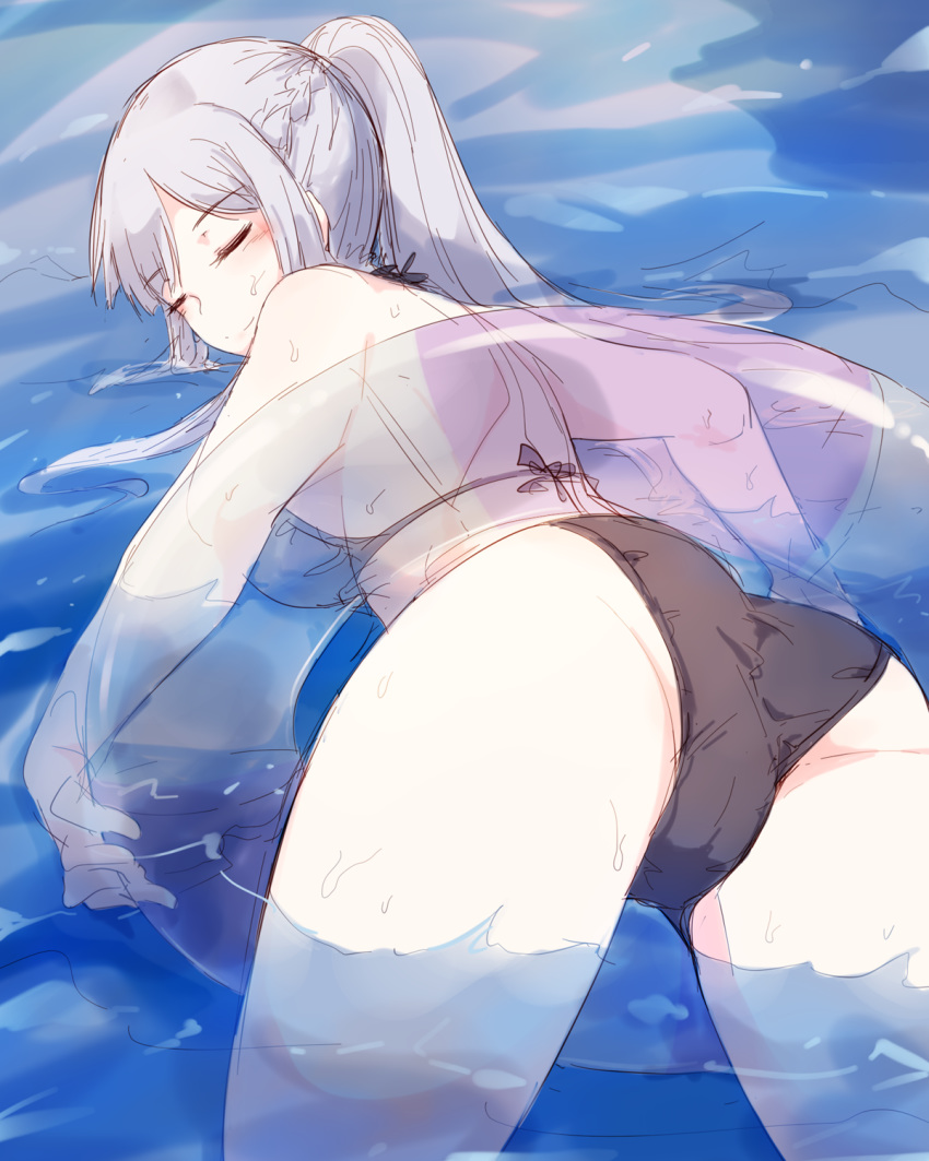 1girl ak-12_(girls_frontline) ass bangs bare_shoulders bikini black_bikini braid breasts closed_eyes doughnut_innertube french_braid girls_frontline hair_between_eyes halterneck high_ponytail highres holding holding_innertube hourai_kochou innertube large_breasts lifebuoy long_hair lying on_stomach pale_skin partially_submerged silver_hair smile swimsuit thighs transparent water