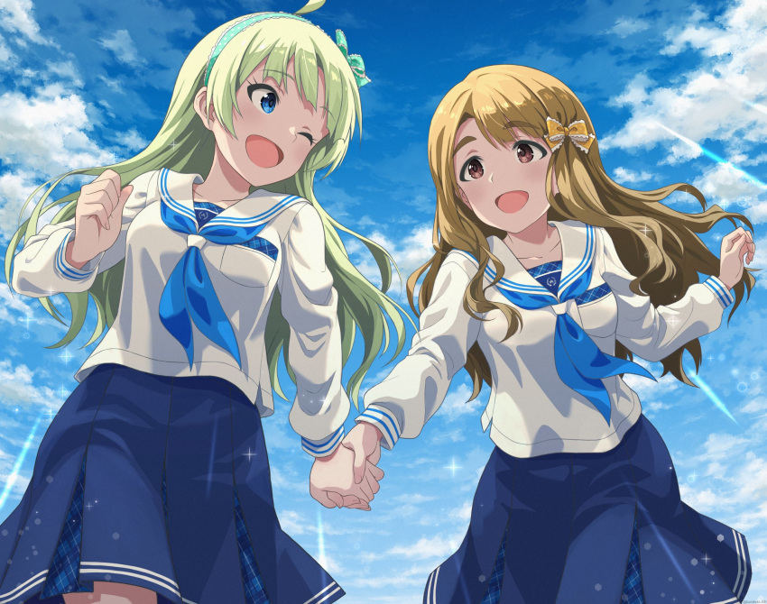 2girls :d ;d bangs blouse blue_eyes blue_neckwear blue_sky bow breast_pocket breasts brown_eyes brown_hair cloud collarbone cowboy_shot day eye_contact eyebrows_visible_through_hair fingernails floating_hair from_below green_bow green_hair green_hairband hair_bow hairband hand_up highres holding_hands idolmaster idolmaster_million_live! idolmaster_million_live!_theater_days kurobako_bb leaning_forward lens_flare long_hair long_sleeves looking_at_another medium_breasts miyao_miya multiple_girls navy_blue_skirt neckerchief one_eye_closed open_mouth orange_bow outdoors plaid plaid_skirt pleated_skirt pocket polka_dot polka_dot_bow polka_dot_hairband sailor_collar school_uniform serafuku shimabara_elena shiny shiny_hair skirt sky smile sparkle standing sunlight thick_eyebrows white_blouse white_sailor_collar