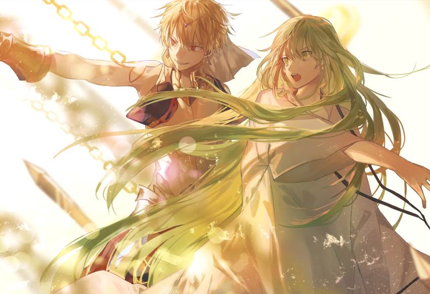 1other 2boys androgynous arm_tattoo bangs blonde_hair chain clenched_teeth collar commentary_request cowboy_shot cropped_vest earrings enkidu_(fate/strange_fake) fate/grand_order fate_(series) faulds floating_hair frown gem gilgamesh gilgamesh_(caster)_(fate) gold gorget green_eyes green_hair hair_between_eyes jewelry laurel_crown lens_flare light_particles long_hair long_sleeves looking_to_the_side multiple_boys open_mouth out_of_frame outstretched_arm red_eyes robe smile tattoo teeth toga tsugutoku v-shaped_eyebrows vambraces very_long_hair vest white_robe wide_sleeves