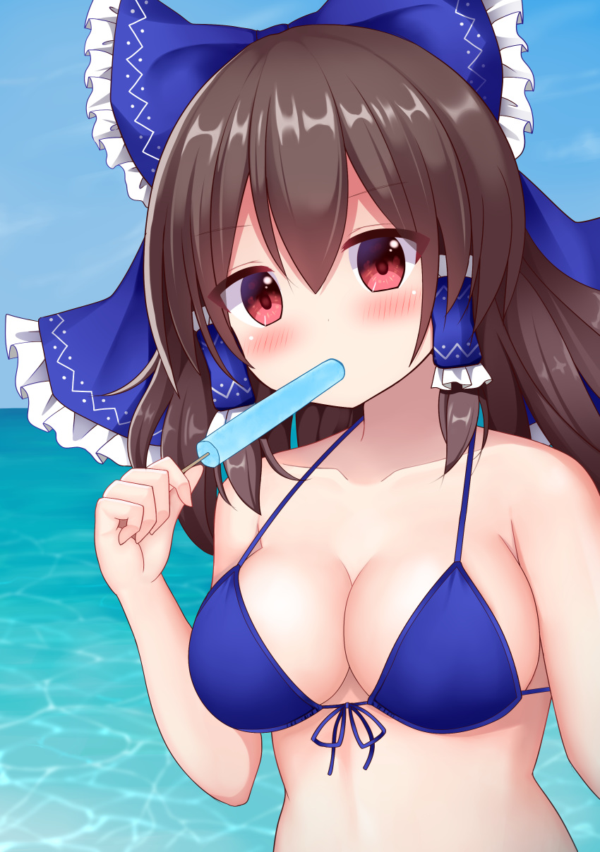 1boy absurdres alternate_color bangs bare_shoulders bikini blue_bikini blue_bow blue_ribbon blue_sky blush bow breasts brown_hair cleavage cloud collarbone commentary_request day eating eyebrows_visible_through_hair food frilled_bow frills front-tie_bikini front-tie_top hair_bow hakurei_reimu highres holding holding_food long_hair looking_at_viewer medium_breasts outdoors player_2 popsicle red_eyes ribbon sidelocks sky solo suigetsu_(watermoon-910) swimsuit touhou upper_body
