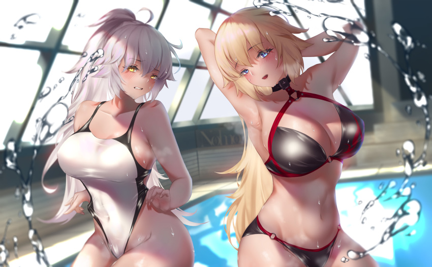 2girls ahoge bangs bare_shoulders bikini black_bikini black_choker blush breasts choker cleavage collarbone cosplay costume_switch covered_navel fate/grand_order fate_(series) highleg highleg_swimsuit highres jeanne_d'arc_(alter_swimsuit_berserker) jeanne_d'arc_(alter_swimsuit_berserker)_(cosplay) jeanne_d'arc_(fate)_(all) jeanne_d'arc_(swimsuit_archer) jeanne_d'arc_(swimsuit_archer)_(cosplay) large_breasts long_hair looking_at_viewer multiple_girls o-ring one-piece_swimsuit open_mouth ponytail pool rei_no_pool silver_hair smile swimsuit vanitas_0 very_long_hair water wet white_swimsuit yellow_eyes