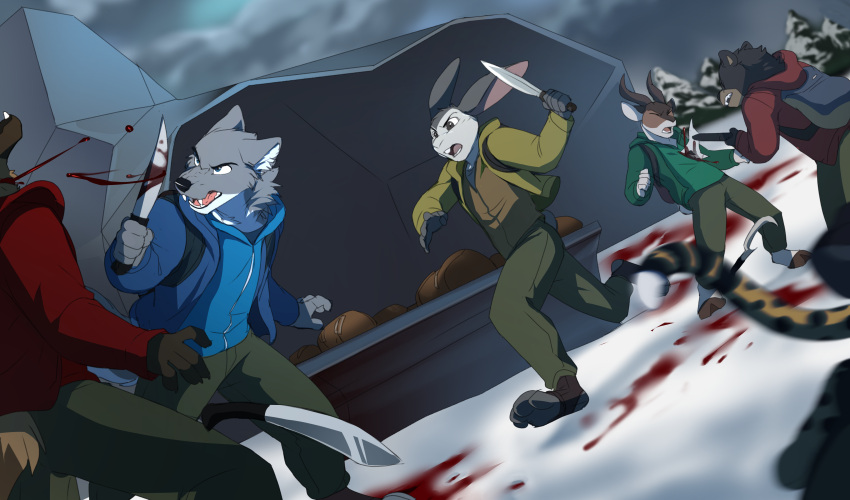 2024 angry antelope anthro axe bag bear black_nose blood blood_on_ground blood_on_weapon blue_clothing blue_jacket blue_topwear bodily_fluids bottomwear bovid brown_hooves buckteeth canid canine canis cel_shading chest_wound clothing cloud detailed_background digital_drawing_(artwork) digital_media_(artwork) eyes_closed fatal_wound fight fur green_clothing green_jacket green_topwear grey_body grey_bottomwear grey_clothing grey_fur grey_horn grey_pants group hi_res holding_axe holding_knife holding_object hooves horn hyena inner_ear_fluff jacket jailbird killing knife lagomorph leporid male mammal matthewwoodward neck_wound open_mouth outside overcast pain pants pink_tongue rabbit red_clothing red_jacket red_topwear running shaded sickle sky slit_throat snarling snow teeth the_hunger_games tongue topwear tuft violence weapon white_body white_fur white_inner_ear_fluff wolf wounded