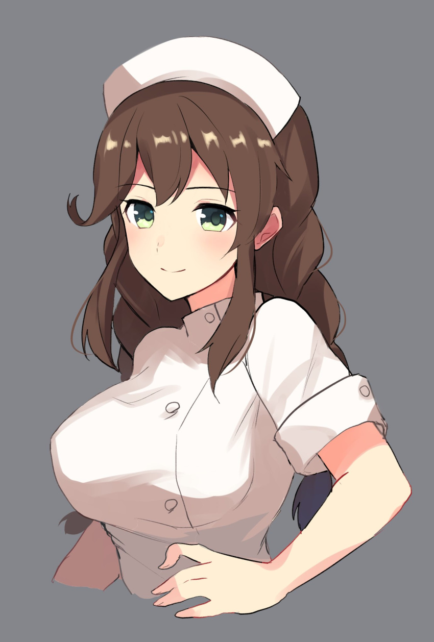 1girl alternate_costume braid breasts brown_hair dress eyebrows_visible_through_hair gloves gradient gradient_background green_eyes green_gloves grey_background hair_between_eyes hat highres kantai_collection long_hair looking_at_viewer medium_breasts noshiro_(kantai_collection) nurse nurse_cap senbei_(senbe_i) short_sleeves simple_background solo twin_braids uniform upper_body white_dress