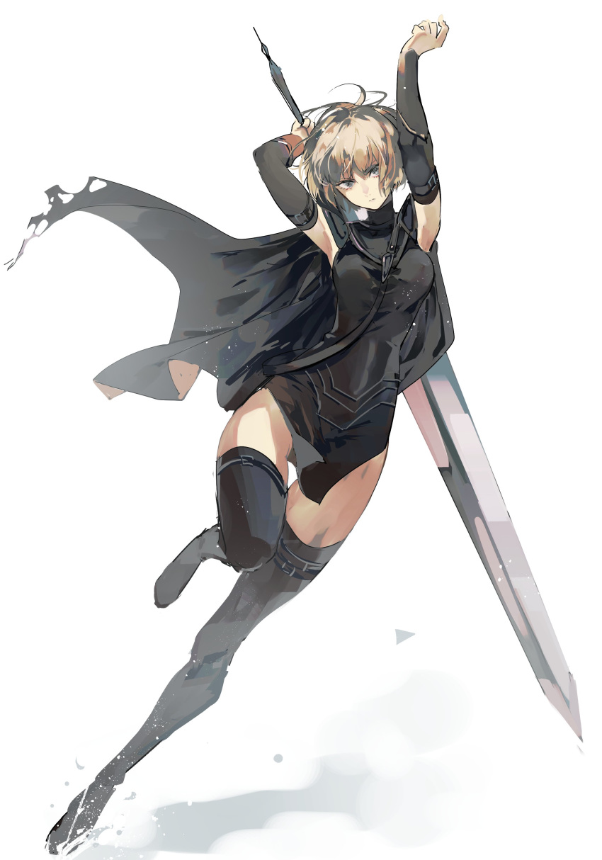 1girl absurdres armpits arms_up blonde_hair bodysuit boots breasts cape clare_(claymore) claymore claymore_(sword) detached_sleeves grey_eyes highres medium_breasts red_eyes solo standing standing_on_one_leg syokuuuuuuuuumura thigh_boots thigh_gap thighhighs thighs torn_clothes white_background