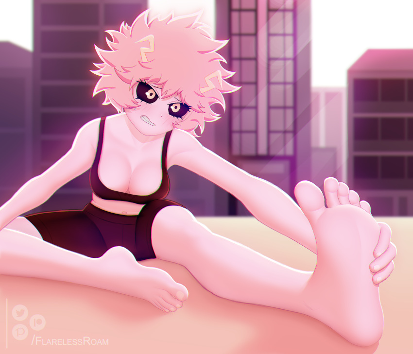 1girl antennae ashido_mina bare_arms bare_hips bare_legs barefoot black_sclera blush boku_no_hero_academia breasts building cleavage clenched_teeth collarbone exercise eyebrows_visible_through_hair eyelashes feet fingernails flareless hands_on_feet highres huge_filesize knees medium_breasts navel no_legwear no_shoes no_socks pink_hair pink_skin short_hair shorts sitting soles solo solo_focus stretch struggling sunlight sweat sweatdrop tank_top teeth thighs toenails toes watermark yellow_eyes