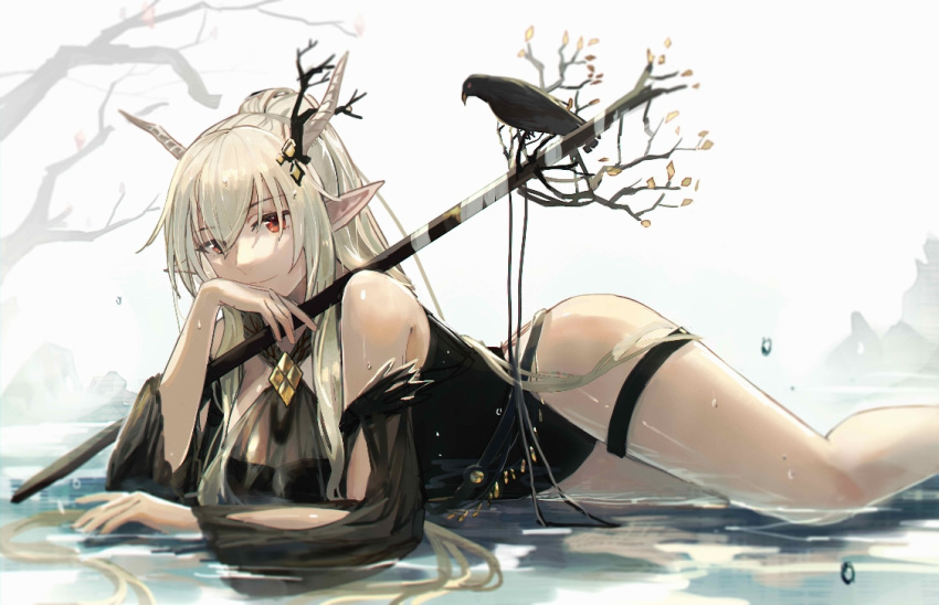 1girl arknights bare_legs bare_tree bird black_swimsuit breasts closed_mouth commentary criss-cross_halter demon_horns eyebrows_visible_through_hair hair_between_eyes halterneck holding holding_staff horns light_smile long_hair looking_at_viewer lying medium_breasts mento on_stomach one-piece_swimsuit pointy_ears ponytail red_eyes shining_(arknights) silver_hair smile solo staff swimsuit thigh_strap thighs tree water water_drop wet
