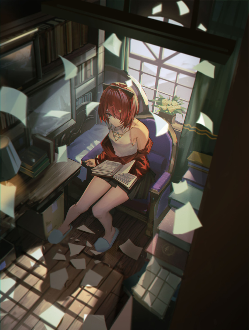 1girl absurdres ange_katrina armpits black_skirt blue_eyes book bookshelf bow box dark desk doren flower from_above hair_bow highres holding holding_book indoors knees_together_feet_apart lamp nijisanji paper picture_frame plant potted_plant reading red_hair scenery shadow shirt short_hair sitting skirt sleeveless sleeveless_shirt slippers solo sunlight virtual_youtuber window wooden_floor