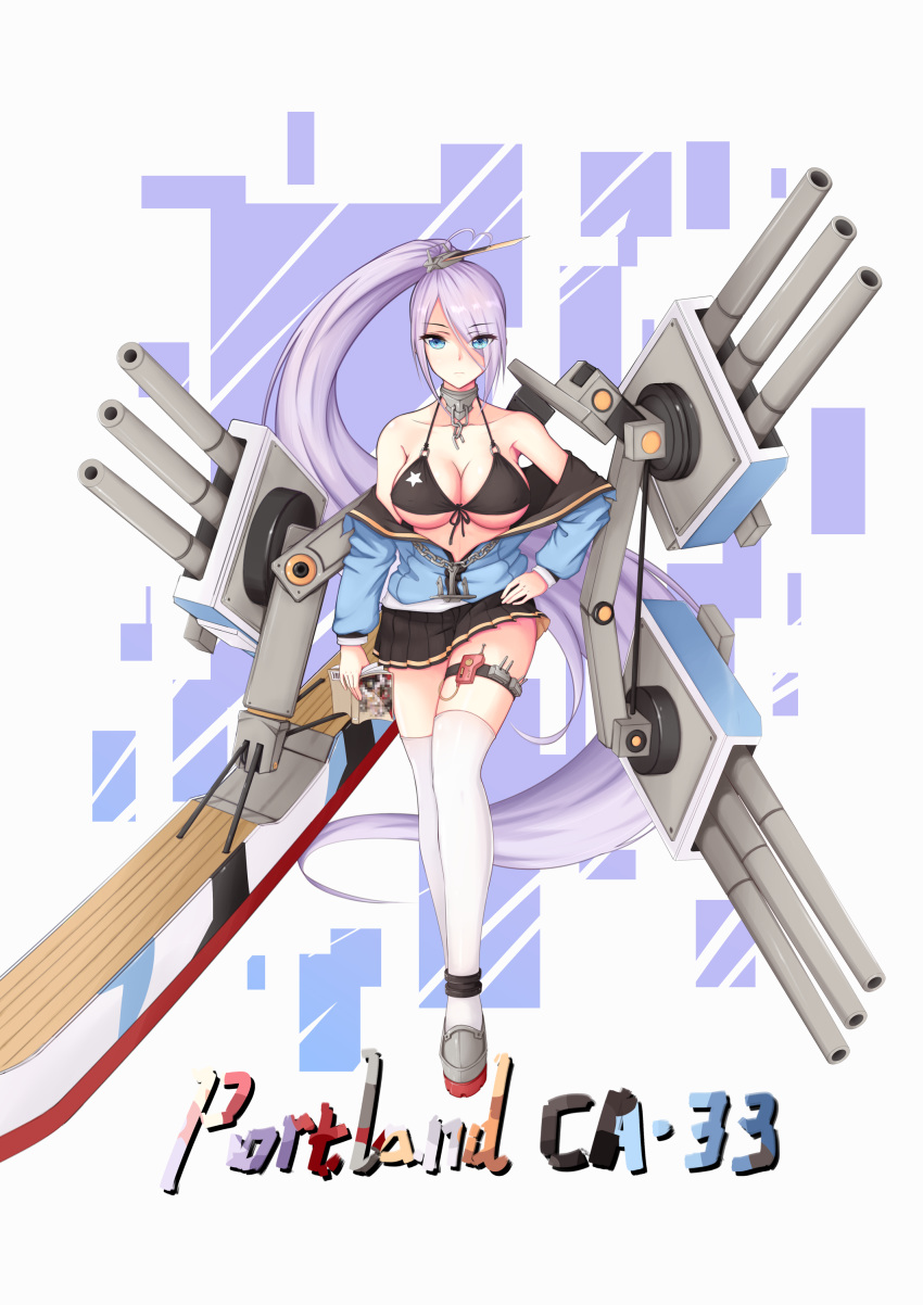 1girl aa_gun absurdres ahoge anchor azur_lane bangs bare_shoulders bikini bikini_top black_bikini black_skirt blue_eyes blue_jacket book breasts broken broken_chain censored chain character_name cleavage closed_mouth collar collarbone commentary_request eromanga eyebrows_visible_through_hair eyes_visible_through_hair front-tie_bikini front-tie_top full_body hair_between_eyes hair_over_one_eye hand_on_hip heart heart-shaped_pupils heart_ahoge highres holding holding_book jacket large_breasts long_hair long_sleeves looking_at_viewer mosaic_censoring off-shoulder_jacket partially_unzipped pleated_skirt pmh1910 portland_(azur_lane) purple_hair rigging rudder_footwear side_ponytail sidelocks skirt solo standing star_(symbol) star_print swimsuit symbol-shaped_pupils thigh_strap thighhighs turret underboob very_long_hair white_background
