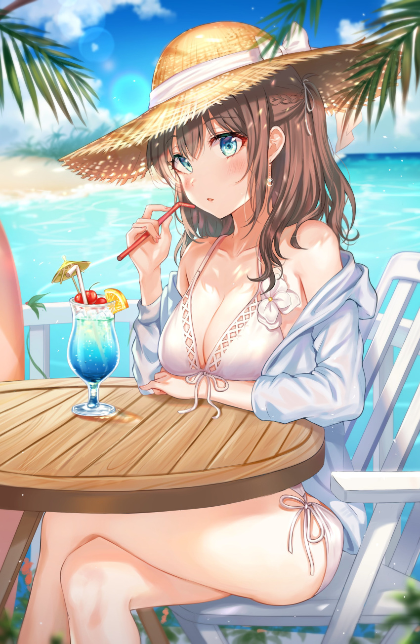 1girl absurdres bare_shoulders beach bikini blue_eyes blue_hawaii braid breasts brown_hair brown_headwear chair cleavage crossed_legs day drinking_straw front-tie_bikini front-tie_top half_updo hand_up hat highres holding hurricane_glass jacket lens_flare long_hair looking_at_viewer medium_breasts ocean off_shoulder open_clothes open_jacket original outdoors parted_lips side-tie_bikini sidelocks sitting sky solo straw_hat string_bikini sunlight swimsuit table thighs tokkyu tropical_drink water white_bikini white_jacket