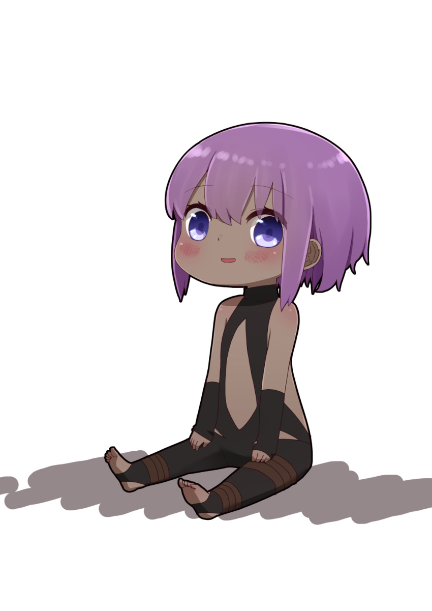 1girl bangs bare_shoulders black_bodysuit blush bodysuit chibi dark_skin eyebrows_visible_through_hair fate/prototype fate/prototype:_fragments_of_blue_and_silver fate_(series) full_body hair_between_eyes hassan_of_serenity_(fate) highres i.u.y looking_at_viewer no_shoes parted_lips purple_eyes purple_hair shadow sidelocks sitting smile soles solo stirrup_legwear toeless_legwear white_background