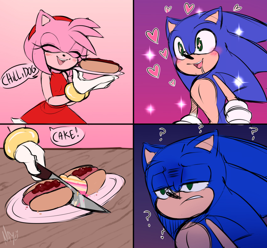 &lt;3 2020 ? amy_rose anthro blue_body blue_fur bodily_fluids cake chili_dog clothing cutting dialogue disappointed dress drooling duo english_text eulipotyphlan eyes_closed female food fur gloves green_eyes half-closed_eyes handwear happy hedgehog hi_res knife male mammal meme narrowed_eyes nayci16 open_mouth open_smile pink_body pink_fur plate red_clothing red_dress saliva smile sonic_the_hedgehog sonic_the_hedgehog_(series) speech_bubble text these_are_all_cakes