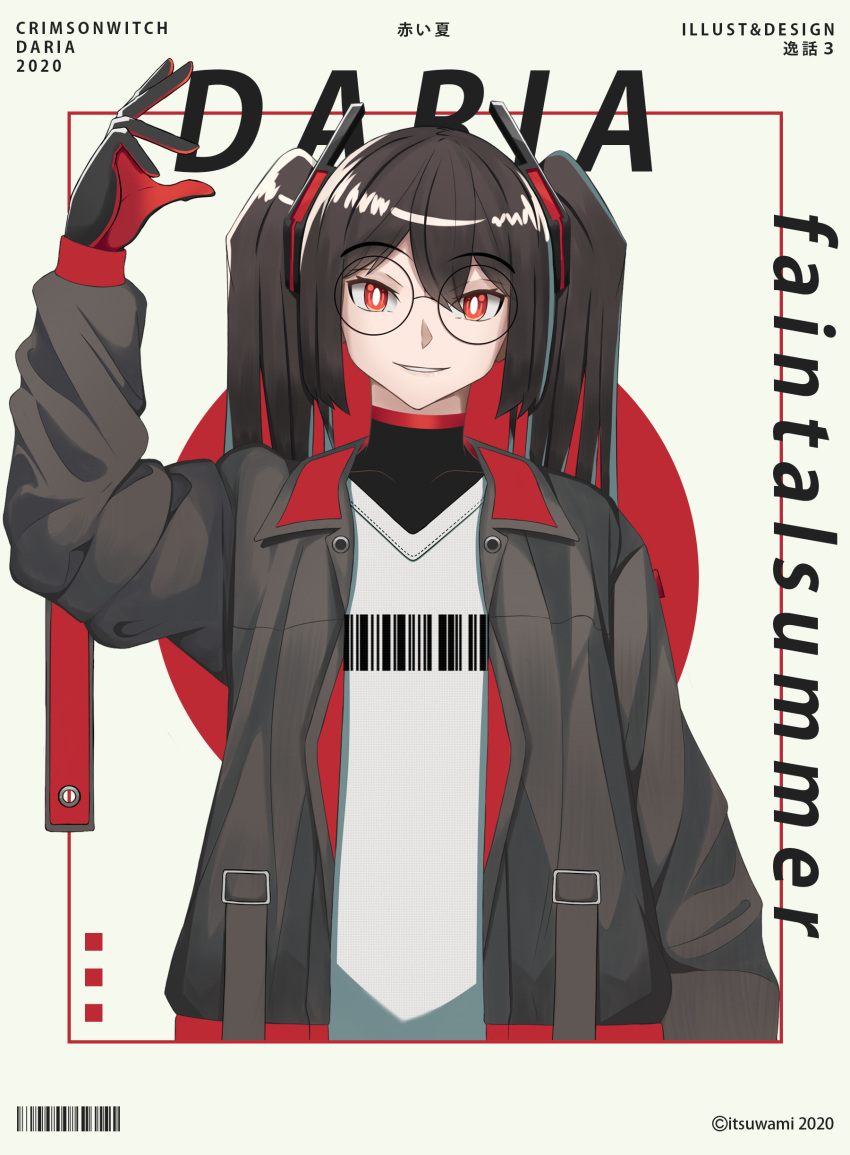 1girl absurdres album_cover barcode_print black_hair cover fana frills gloves highres jacket red_eyes twintails