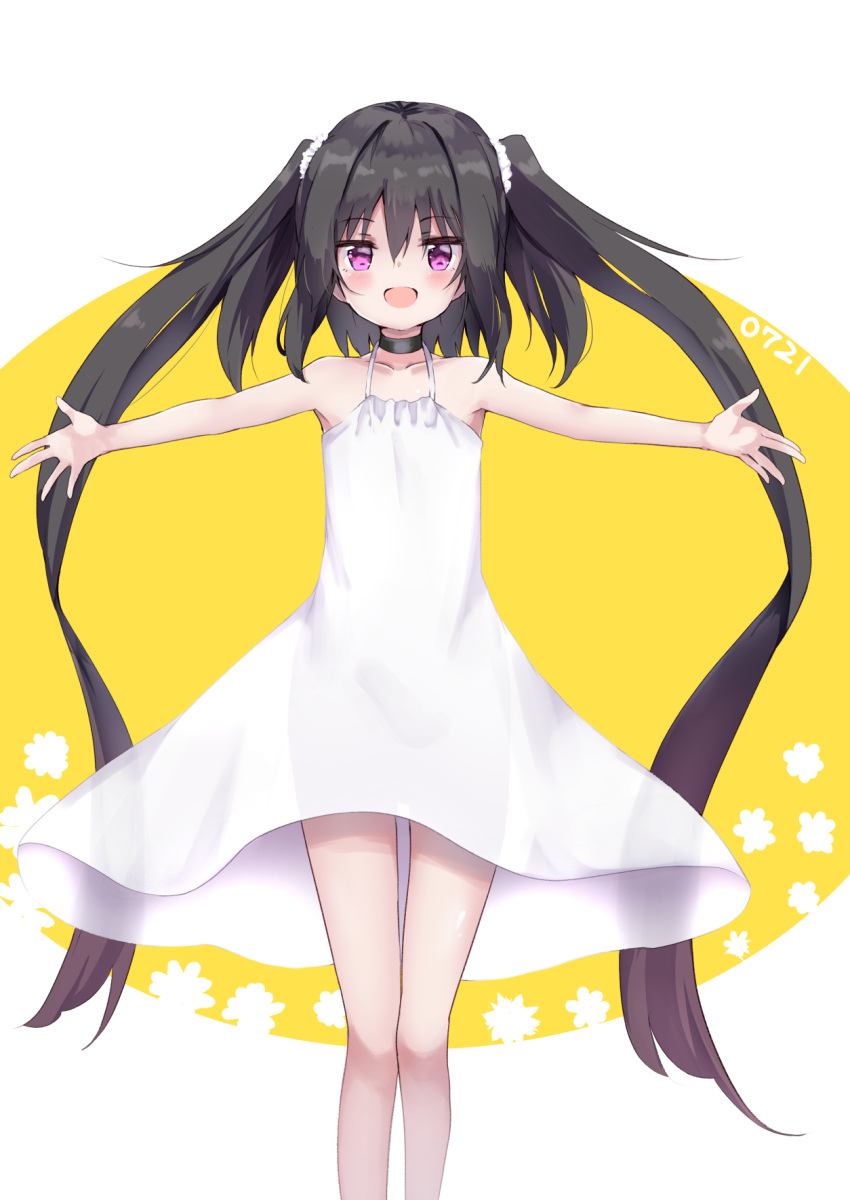 1girl :d amano_kouki bangs bare_arms bare_shoulders black_choker black_hair blush choker collarbone commentary_request dated dress eyebrows_visible_through_hair hair_between_eyes highres long_hair looking_at_viewer note-chan open_mouth original outstretched_arms purple_eyes sleeveless sleeveless_dress smile solo spread_arms standing two-tone_background two_side_up very_long_hair white_background white_dress yellow_background