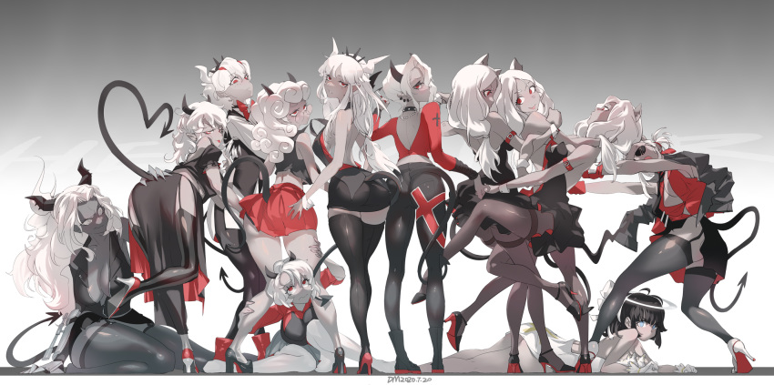 6+girls angel antenna_hair artist_name ass azazel_(helltaker) bangs bare_shoulders beelzebub_(helltaker) bent_over black_dress black_footwear black_horns black_legwear black_pants black_shirt black_skirt black_vest bow breasts cerberus_(helltaker) cleavage collarbone commentary_request crop_top dated demon_horns demon_tail dm_(dai_miao) dog_girl dress ear_piercing freckles from_behind from_side glasses gloves grey_background grey_skin halo hand_on_another's_hip helltaker high_heels highres horns judgement_(helltaker) justice_(helltaker) large_breasts long_hair low-tied_long_hair lucifer_(helltaker) lying malina_(helltaker) medium_breasts modeus_(helltaker) multiple_girls on_stomach pandemonica_(helltaker) pants pantyhose parted_bangs piercing pleated_skirt red_bow red_eyes red_footwear red_shirt red_skirt shirt shoes short_hair sitting skirt sleeveless sleeveless_dress sleeveless_shirt sunglasses tail thigh_strap thighhighs tongue tongue_out vest wavy_mouth white_background white_dress white_gloves white_hair white_horns white_shirt wrist_cuffs zdrada_(helltaker)