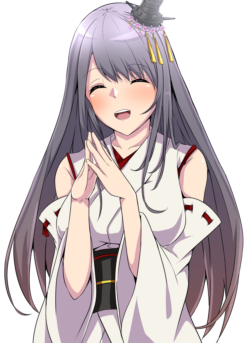 1girl absurdres black_hair closed_eyes commentary_request detached_sleeves fingers_together fusou_(kantai_collection) hair_ornament highres japanese_clothes kantai_collection long_hair ribbon-trimmed_sleeves ribbon_trim shohei_(piranha5hk) simple_background smile solo upper_body white_background
