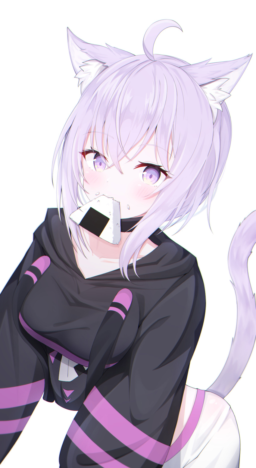 1girl ahoge animal_ear_fluff animal_ears bangs black_hoodie blush breasts cat_ears cat_girl cat_tail collarbone commentary_request drawstring eating eyebrows_visible_through_hair food food_in_mouth food_on_face hair_between_eyes highres hololive hood hood_down hoodie long_sleeves looking_at_viewer medium_breasts mouth_hold nekomata_okayu onigiri pants puffy_long_sleeves puffy_sleeves purple_eyes purple_hair rice rice_on_face simple_background solo starfox1015 tail virtual_youtuber white_background white_pants