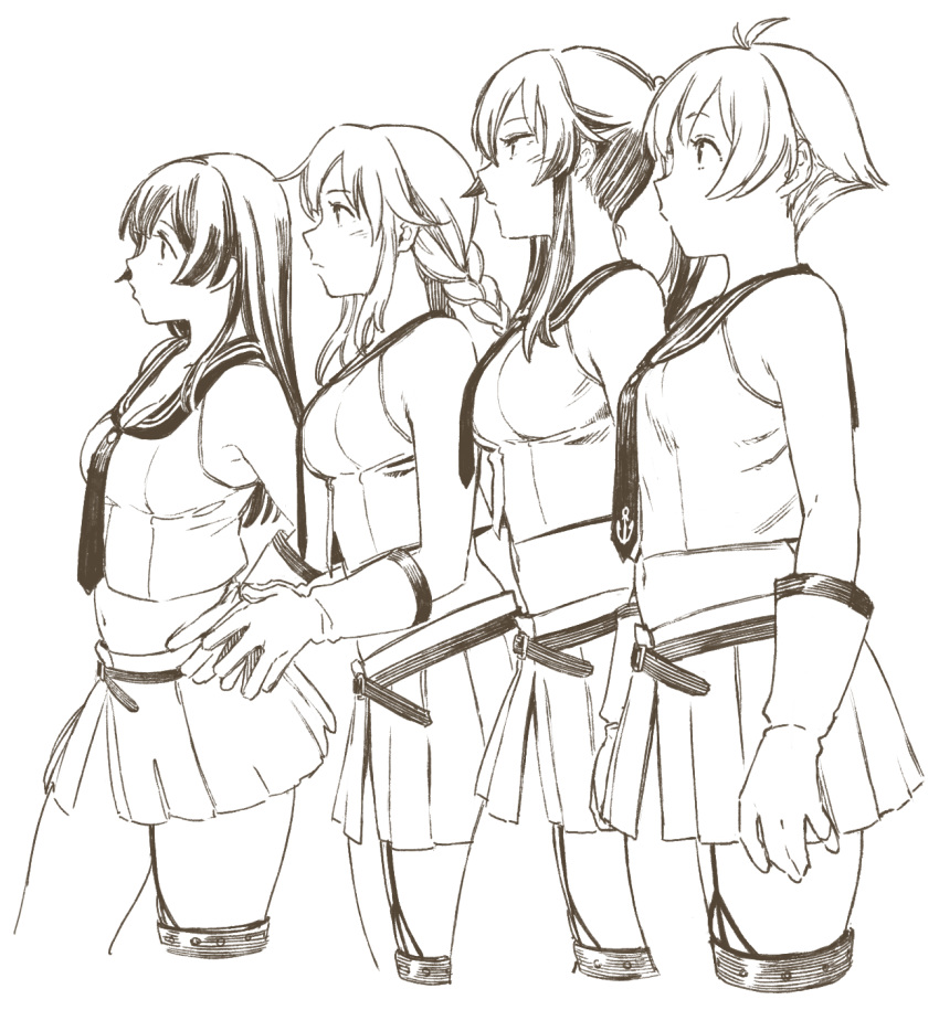 4girls agano_(kantai_collection) asymmetrical_legwear braid cowboy_shot garter_straps gloves highres kantai_collection long_hair midriff monochrome multiple_girls noshiro_(kantai_collection) pleated_skirt ponytail profile sailor_collar sailor_shirt sakawa_(kantai_collection) school_uniform sepia serafuku shirt short_hair single_thighhigh skirt sleeveless sleeveless_shirt standing thighhighs twin_braids twintails uyama_hajime yahagi_(kantai_collection)