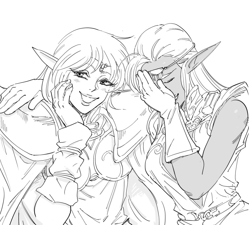 2girls bb_(baalbuddy) breastplate cape circlet commentary dark_elf deedlit elf english_commentary greyscale hand_on_own_face highres laughing laughing_girls_(meme) long_hair looking_at_viewer meme monochrome multiple_girls pirotess pointy_ears record_of_lodoss_war shoulder_armor simple_background smile spaulders white_background