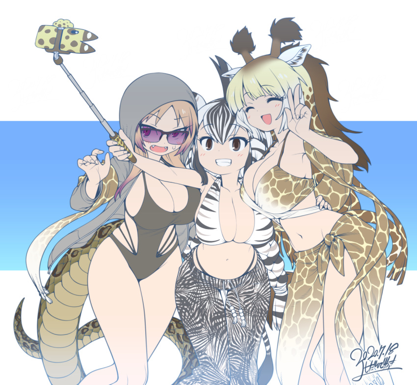 3girls ^_^ african_rock_python_(kemono_friends) alternate_breast_size alternate_hairstyle animal_ears animal_print arm_around_back bangs bikini bikini_top blonde_hair braid breasts brown_hair cellphone cleavage closed_eyes dated drawstring eyebrows_visible_through_hair fang feet_out_of_frame giraffe_ears giraffe_horns giraffe_print giraffe_tail grey_hair grin hair_between_eyes halterneck hand_on_another's_back hand_up highres holding hood hood_up hoodie horns huge_breasts kemono_friends large_breasts leaning_forward light_brown_hair long_hair long_sleeves multicolored_hair multiple_girls navel one-piece_swimsuit open_clothes open_hoodie open_mouth outstretched_arm pants phone plains_zebra_(kemono_friends) purple_eyes purple_hair reticulated_giraffe_(kemono_friends) scarf self_shot selfie_stick side-by-side signature slit_pupils smartphone smile snake_tail standing stomach strap_gap sunglasses swimsuit tail taking_picture thigh_gap twin_braids twisted_torso two-tone_hair v very_long_hair yoshida_hideyuki zebra_ears zebra_print