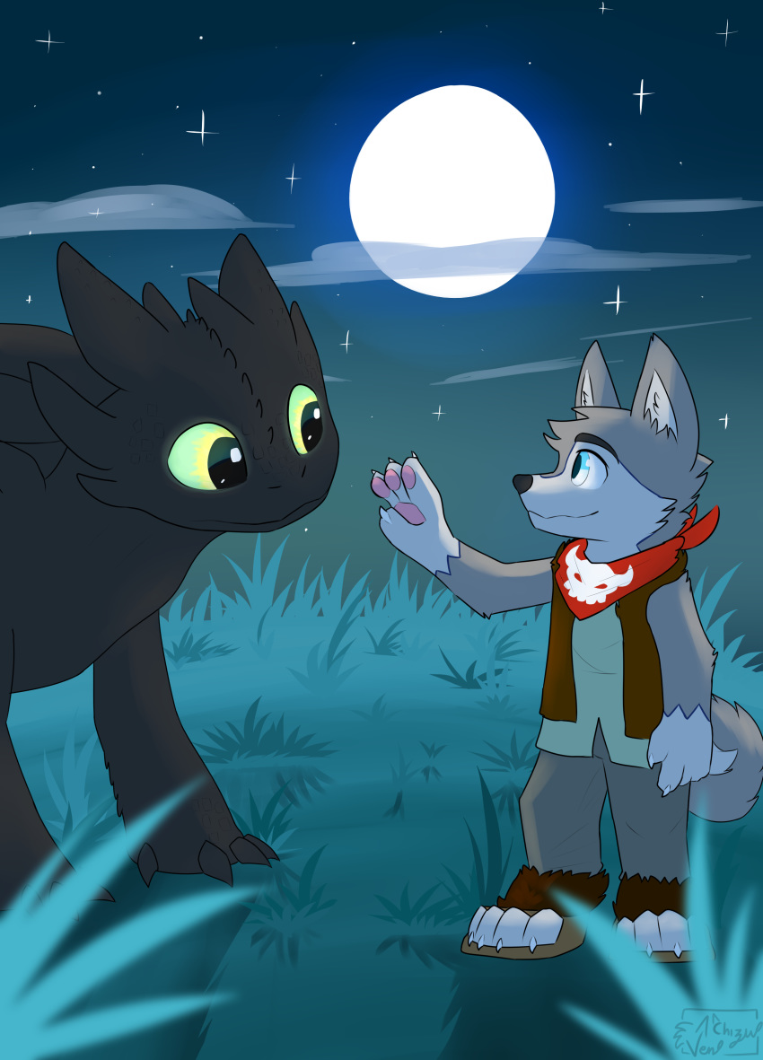 2020 4_fingers 4_toes absurd_res anthro blue_eyes canid canine canis clothed clothing detailed_background dragon dreamworks duo fingers grass hi_res how_to_train_your_dragon male mammal moon night outside sky smile star starry_sky toes toothless vensicle wolf