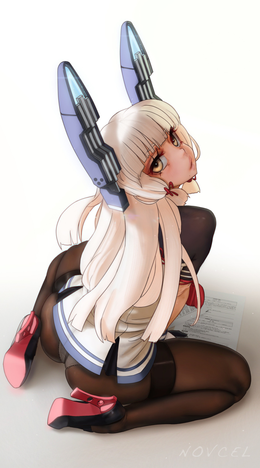 1girl ass bangs black_legwear blunt_bangs dress from_above hair_ribbon headgear high_heels highres kantai_collection long_hair murakumo_(kantai_collection) necktie novcel orange_eyes panties panties_under_pantyhose pantyhose paper red_neckwear remodel_(kantai_collection) ribbon sailor_dress short_dress short_eyebrows sidelocks silver_hair sitting solo thighband_pantyhose tress_ribbon undershirt underwear wariza white_panties