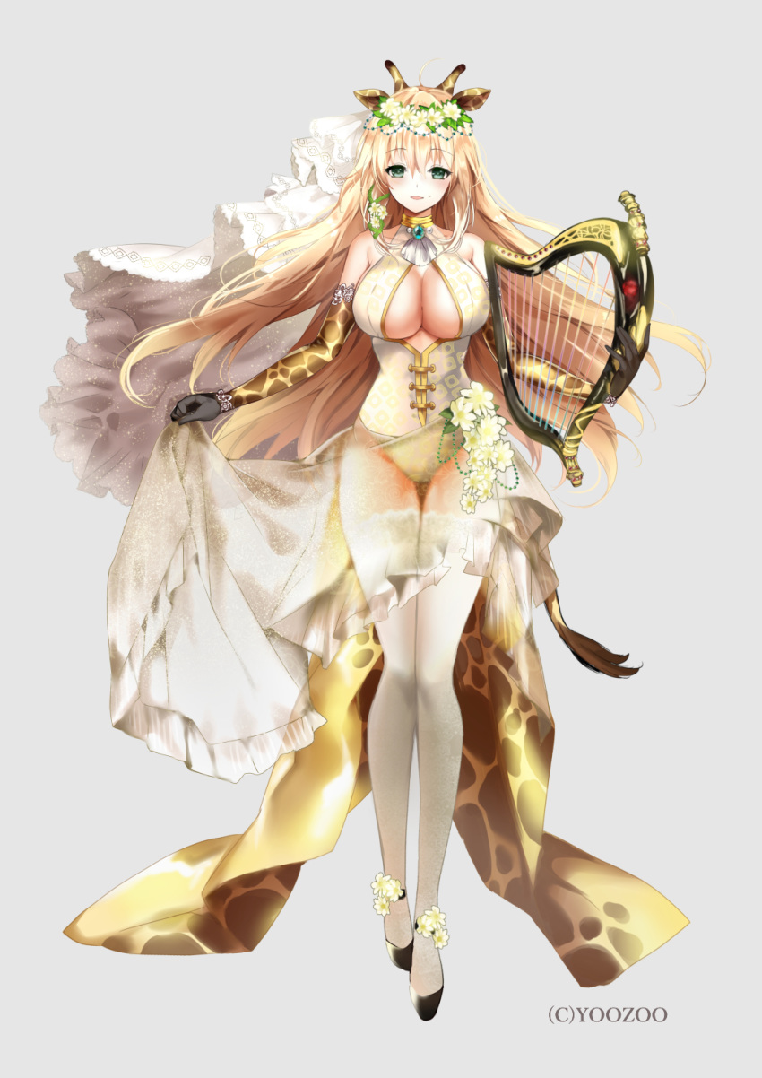 1girl animal_ears bangs blonde_hair blush breasts cleavage cleavage_cutout elbow_gloves eyebrows_visible_through_hair full_body giraffe_ears giraffe_horns giraffe_print gloves green_eyes grey_background harp head_wreath highres horns instrument large_breasts leotard lifted_by_self long_hair looking_at_viewer mafuyu official_art pride_of_eden see-through skirt skirt_lift smile solo thighhighs veil white_legwear white_leotard