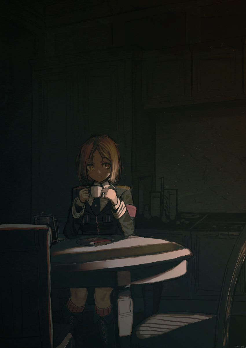 1girl absurdres akitaka_takaaki armband blonde_hair chair coffee_mug coffee_pot cup girls_frontline highres looking_to_the_side mp40_(girls_frontline) mug neck_ribbon ribbon shadow short_hair solo table yellow_eyes