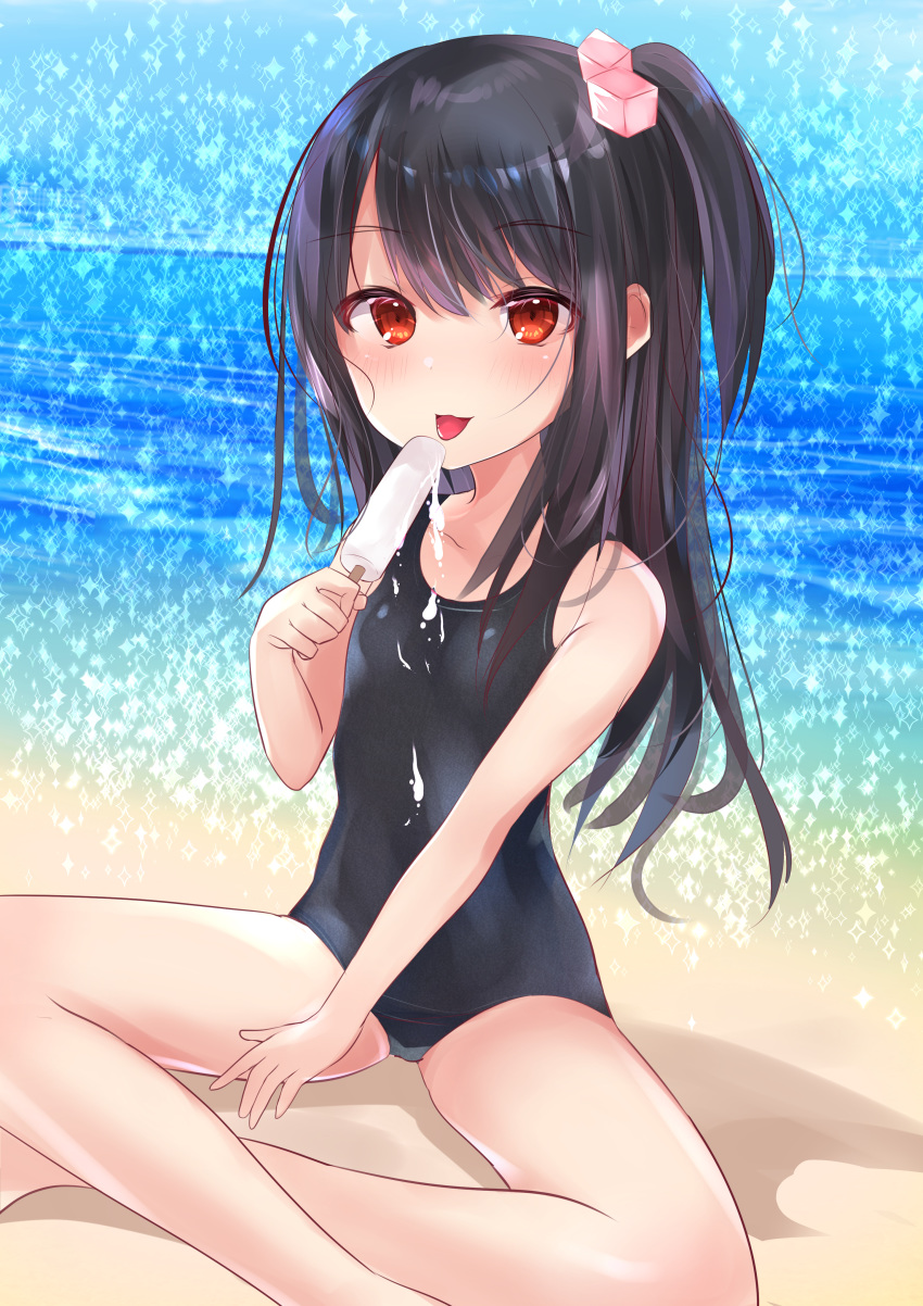 1girl :p absurdres adachi_tenka bangs bare_arms bare_legs bare_shoulders black_hair black_swimsuit blush breasts day eyebrows_visible_through_hair feet_out_of_frame food hair_between_eyes hair_cubes hair_ornament highres holding holding_food ice_cream long_hair looking_at_viewer natsu_(sinker8c) navel ocean one-piece_swimsuit one_side_up outdoors red_eyes shoujo_ramune sitting small_breasts smile solo swimsuit tongue tongue_out very_long_hair water