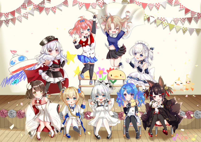 6+girls :d :o ;d ^_^ absurdres ahoge aiguillette akagi-chan_(azur_lane) american_flag_legwear anchor_necklace animal animal_ears apron arm_up arms_up azur_lane bangs bare_shoulders belchan_(azur_lane) belfast_(azur_lane) bell bird black_dress black_footwear black_gloves black_headwear black_kimono black_legwear black_skirt blonde_hair blue_bow blue_capelet blue_dress blue_eyes blue_footwear blue_hair blue_skirt blunt_bangs blush bow bowtie bracelet braid breasts brown_hair cape capelet chair character_doll chick child_drawing choker clenched_hands closed_eyes coat_dress collarbone collared_dress commander_(azur_lane) commentary_request confetti detached_collar doll double_v dress elbow_gloves eyebrows_visible_through_hair fake_wings fingerless_gloves fox_ears fox_girl fox_tail french_braid frilled_apron frills full_body fur-trimmed_cape fur_trim gloves gold_trim group_picture hair_bell hair_between_eyes hair_bow hair_intakes hair_ornament hairclip hand_on_hip hat hiei-chan_(azur_lane) highres holding holding_animal holding_doll horns huge_filesize index_finger_raised iron_cross japanese_clothes jewelry jumping kimono knees_together_feet_apart lace-trimmed_headwear lace_trim little_cleveland_(azur_lane) little_helena_(azur_lane) little_illustrious_(azur_lane) little_renown_(azur_lane) little_san_diego_(azur_lane) long_hair long_sleeves looking_at_another looking_at_viewer low_twintails maid_apron maid_headdress manjuu_(azur_lane) midriff_peek military_hat multicolored multicolored_cape multicolored_clothes multiple_girls multiple_tails nako_nya navel necktie one_eye_closed one_side_up open_mouth outstretched_arm pantyhose parted_bangs peaked_cap pink_eyes pleated_dress pleated_skirt red_bow red_eyes red_footwear red_hair red_neckwear red_skirt ribbon sakuramon shadow shirt shoes short_hair sidelocks signature silver_hair sitting skirt sleeveless sleeveless_dress sleeveless_shirt small_breasts smile stage standing standing_on_chair star_(symbol) star_print strapless strapless_dress string_of_flags tail thighhighs tilted_headwear twintails two_side_up v very_long_hair waist_apron white_apron white_cape white_dress white_footwear white_gloves white_headwear white_legwear white_shirt wide_sleeves wings zeppelin-chan_(azur_lane) zettai_ryouiki |d