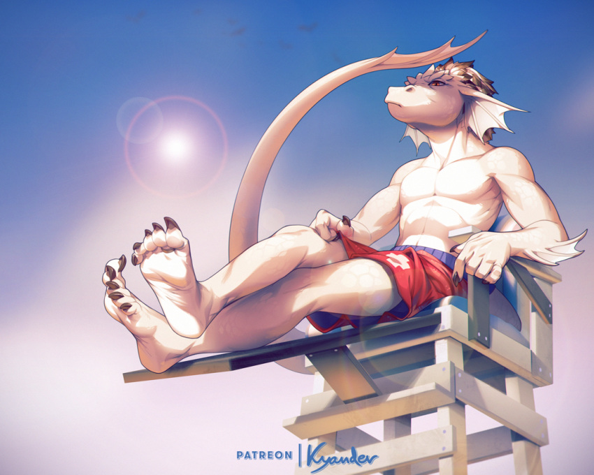 2020 5:4 5_fingers 5_toes anthro ashortless barefoot claws day detailed_background digital_media_(artwork) fingers kyander lizard male outside reptile scalie sitting sky solo toes