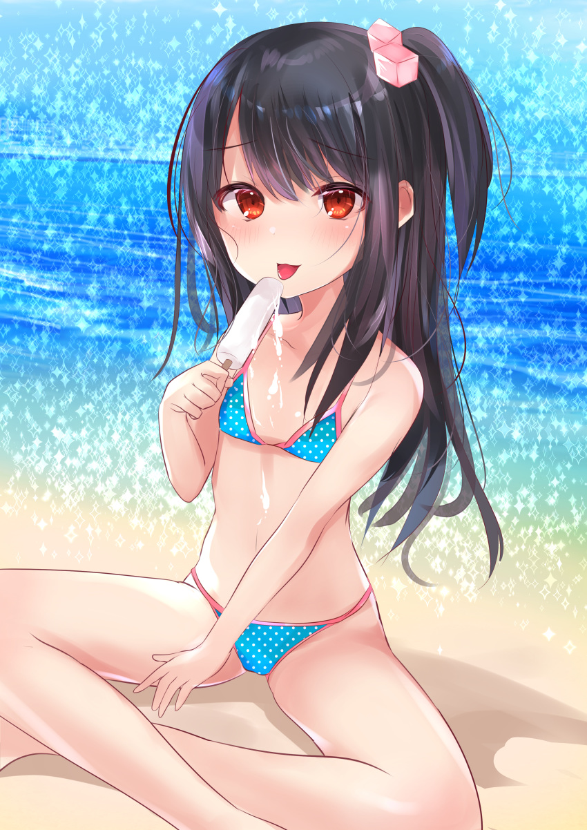 1girl :p absurdres adachi_tenka bangs bare_arms bare_legs bare_shoulders bikini black_hair blue_bikini blush commentary_request day eyebrows_visible_through_hair feet_out_of_frame food hair_between_eyes hair_cubes hair_ornament highres holding holding_food ice_cream long_hair looking_at_viewer natsu_(sinker8c) navel ocean one_side_up outdoors polka_dot polka_dot_bikini red_eyes shoujo_ramune sitting smile solo swimsuit tongue tongue_out very_long_hair water