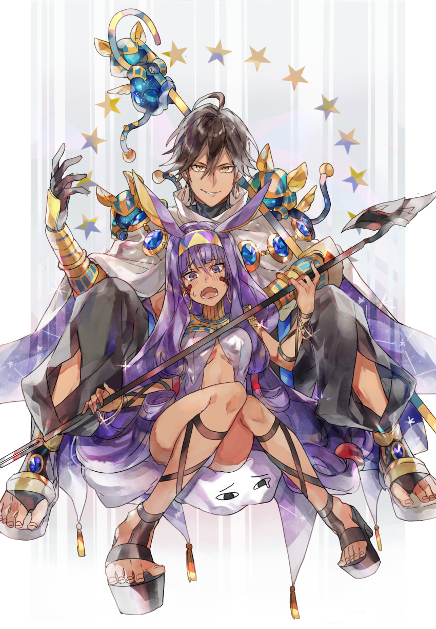 1boy 1girl ahoge between_legs black_pants blush bracelet brown_hair cape clog_sandals earrings egyptian embarrassed fate/grand_order fate_(series) glint hair_between_eyes hand_up highres holding holding_staff jewelry knees_together_feet_apart long_hair looking_at_viewer medjed nitocris_(fate/grand_order) open_mouth open_pants ozymandias_(fate) pants purple_eyes purple_hair sandals sitting smile staff toenails vambraces very_long_hair waltz_(tram) white_cape yellow_eyes